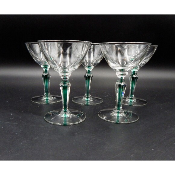 Vintage Morgantown Fischer Green Filament Stem 3 oz Cordial Glasses Lot of 5 - Picture 2 of 8